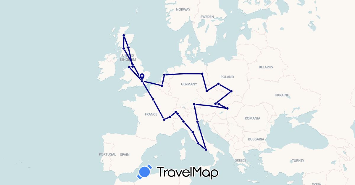 TravelMap itinerary: driving in Austria, Belgium, Switzerland, Czech Republic, Germany, France, United Kingdom, Hungary, Italy, Netherlands, Poland, Slovakia (Europe)